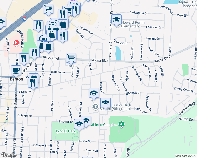 map of restaurants, bars, coffee shops, grocery stores, and more near 604 Benbrook Court in Benton