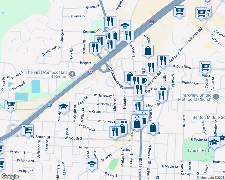 map of restaurants, bars, coffee shops, grocery stores, and more near 221 West Narroway Street in Benton