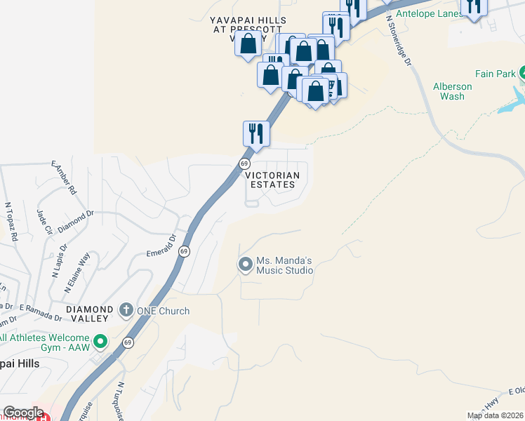 map of restaurants, bars, coffee shops, grocery stores, and more near 1812 Bond Circle in Prescott Valley