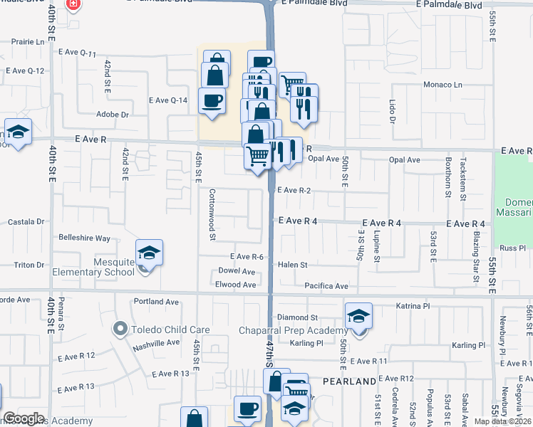 map of restaurants, bars, coffee shops, grocery stores, and more near 37752 Echo Mountain Street in Palmdale