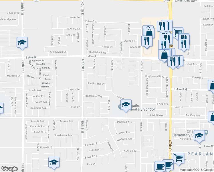 map of restaurants, bars, coffee shops, grocery stores, and more near 37804 Scorpius Way in Palmdale