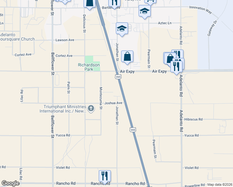 map of restaurants, bars, coffee shops, grocery stores, and more near 17537 Montezuma Street in Adelanto