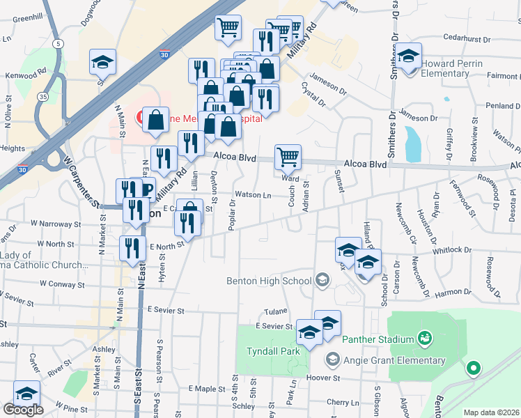 map of restaurants, bars, coffee shops, grocery stores, and more near 721 East North Street in Benton