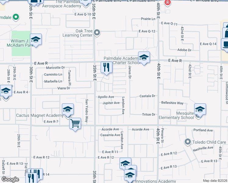 map of restaurants, bars, coffee shops, grocery stores, and more near 3524 East Avenue Road in Palmdale