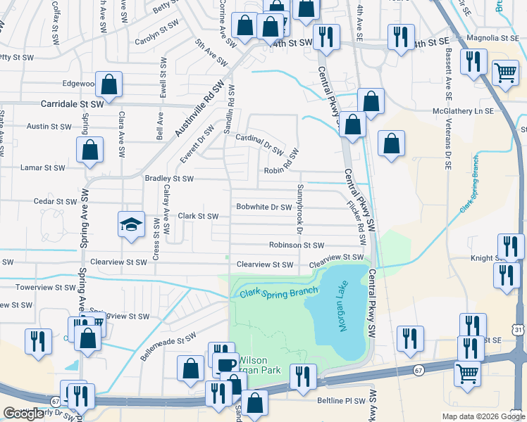 map of restaurants, bars, coffee shops, grocery stores, and more near 320 Mark Street Southwest in Decatur