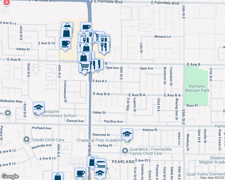 map of restaurants, bars, coffee shops, grocery stores, and more near 37825 Kingsly Court in Palmdale