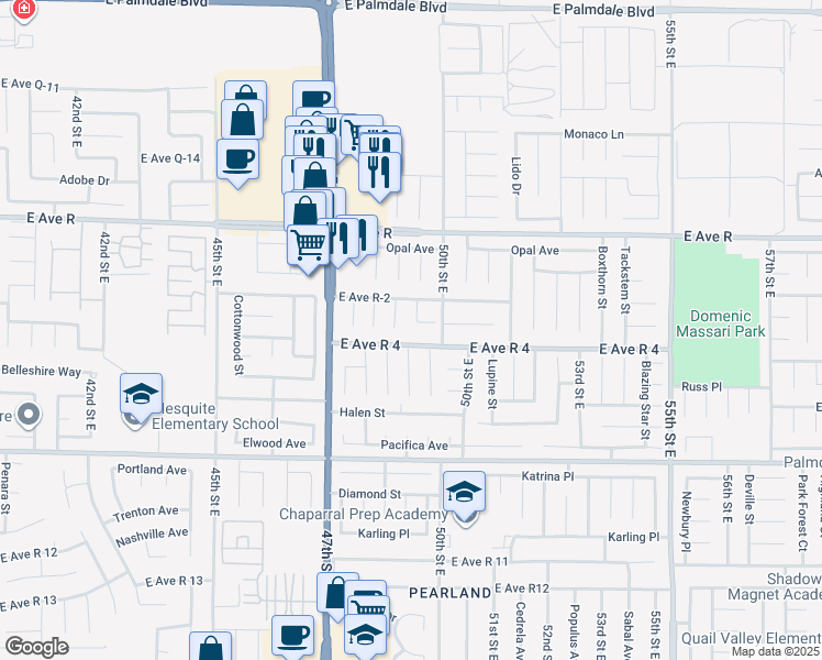 map of restaurants, bars, coffee shops, grocery stores, and more near 37825 Kingsly Court in Palmdale