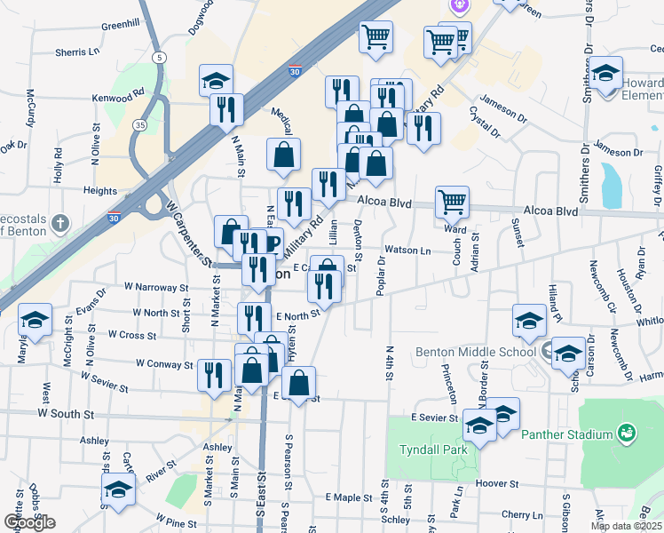 map of restaurants, bars, coffee shops, grocery stores, and more near 607 Gertrude in Benton