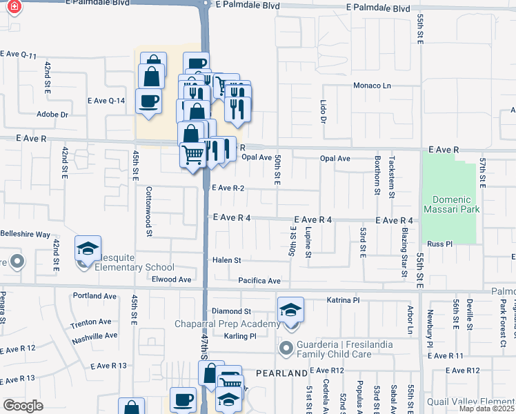 map of restaurants, bars, coffee shops, grocery stores, and more near 37825 Kingsly Court in Palmdale