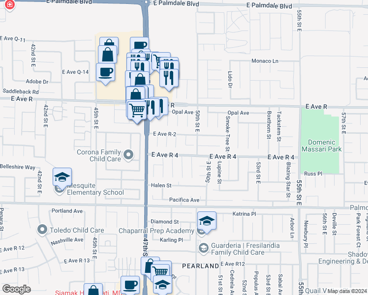 map of restaurants, bars, coffee shops, grocery stores, and more near 37825 Kingsly Court in Palmdale