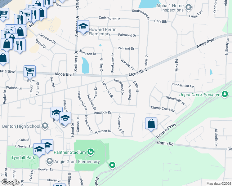 map of restaurants, bars, coffee shops, grocery stores, and more near 712 Fernwood Street in Benton