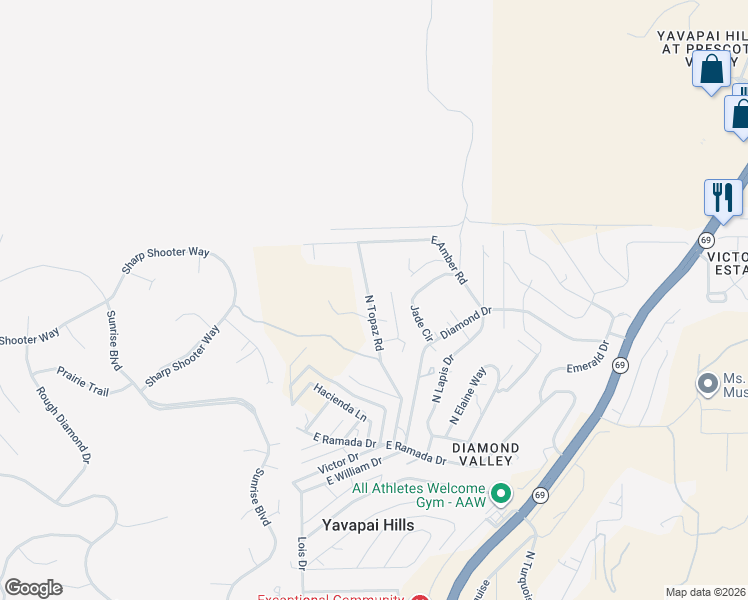 map of restaurants, bars, coffee shops, grocery stores, and more near 1827 North Topaz Road in Prescott