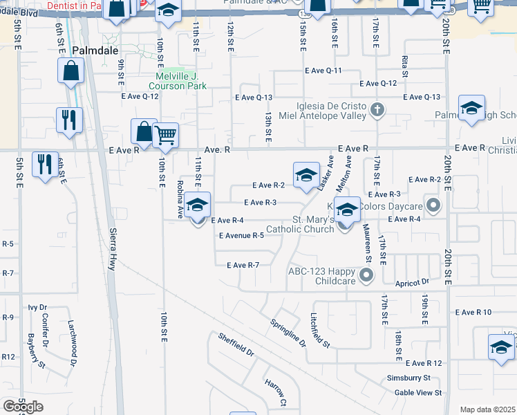 map of restaurants, bars, coffee shops, grocery stores, and more near 1250 East Avenue R-3 in Palmdale