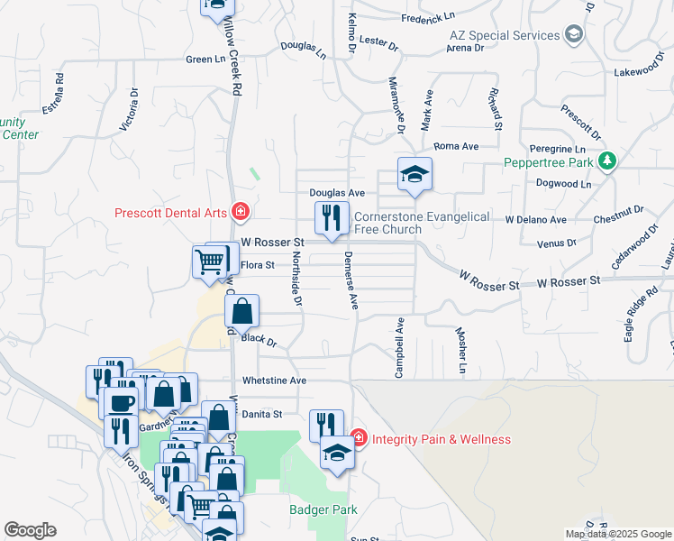 map of restaurants, bars, coffee shops, grocery stores, and more near 709 Flora Street in Prescott