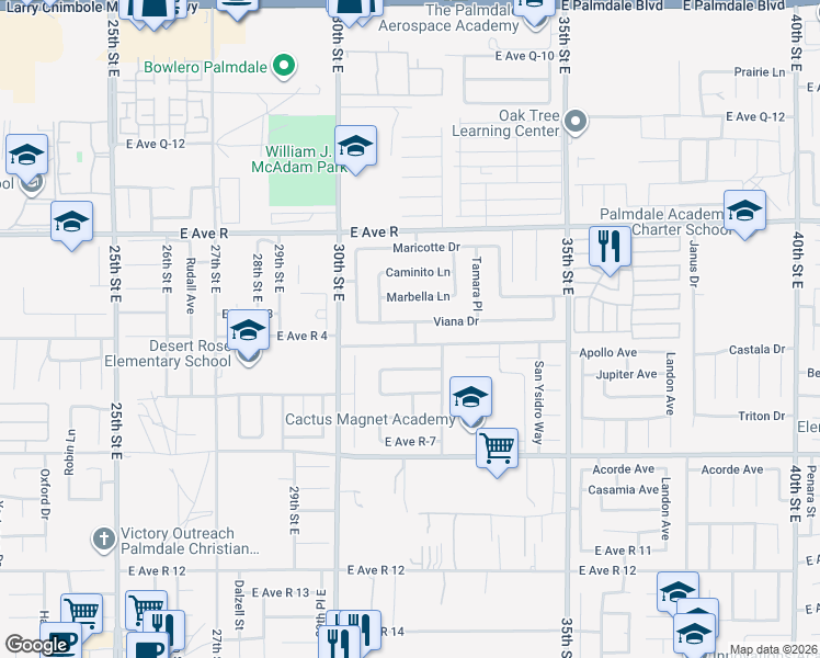 map of restaurants, bars, coffee shops, grocery stores, and more near 3058 East Avenue R 4 in Palmdale