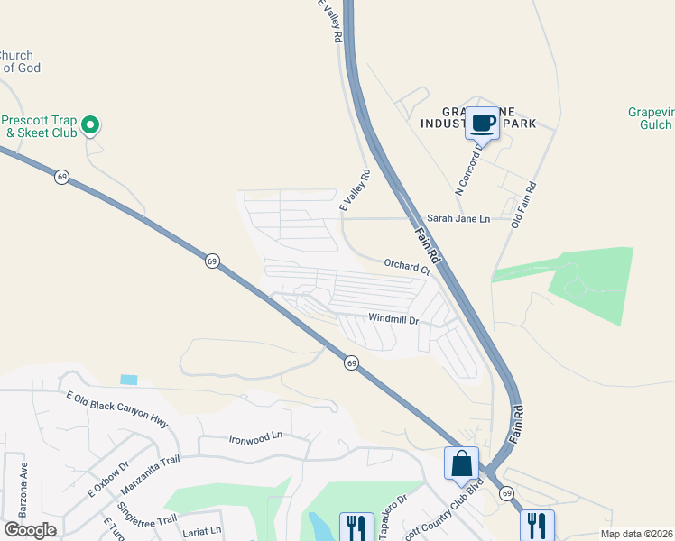 map of restaurants, bars, coffee shops, grocery stores, and more near Bear Boulevard in Prescott Valley