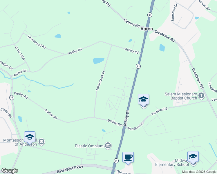 map of restaurants, bars, coffee shops, grocery stores, and more near 226 Town Creek Drive in Anderson
