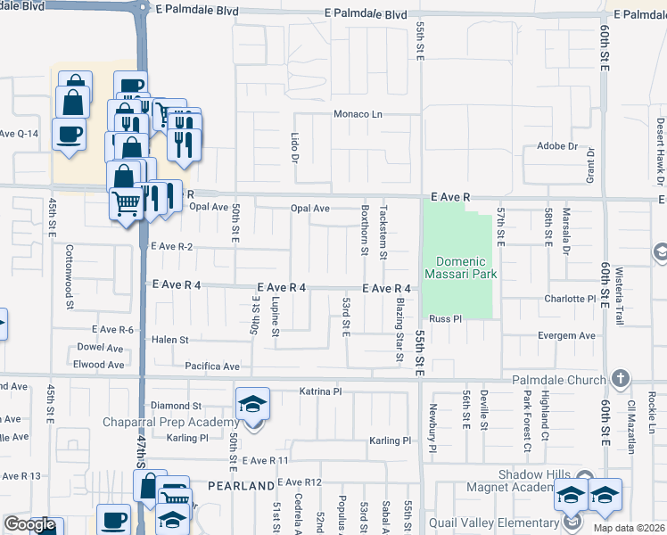 map of restaurants, bars, coffee shops, grocery stores, and more near in Palmdale