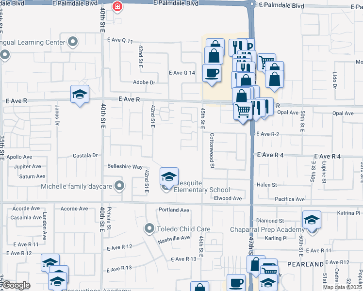 map of restaurants, bars, coffee shops, grocery stores, and more near 4444 East Avenue R in Palmdale