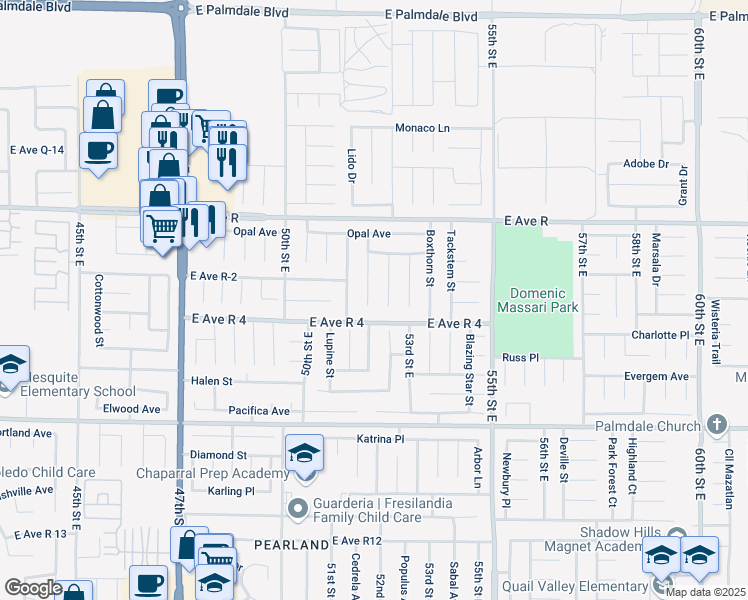 map of restaurants, bars, coffee shops, grocery stores, and more near 37826 Sweetbrush Street in Palmdale