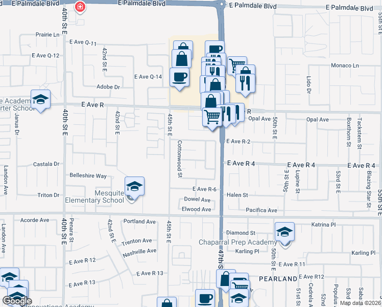 map of restaurants, bars, coffee shops, grocery stores, and more near 4552 Ridgewood Court in Palmdale