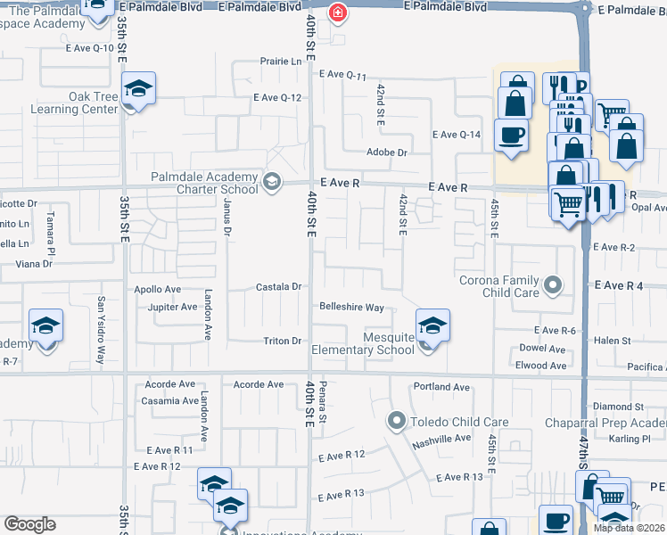 map of restaurants, bars, coffee shops, grocery stores, and more near 37836 Nova Avenue in Palmdale