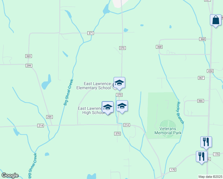 map of restaurants, bars, coffee shops, grocery stores, and more near 263 County Road 370 in Trinity