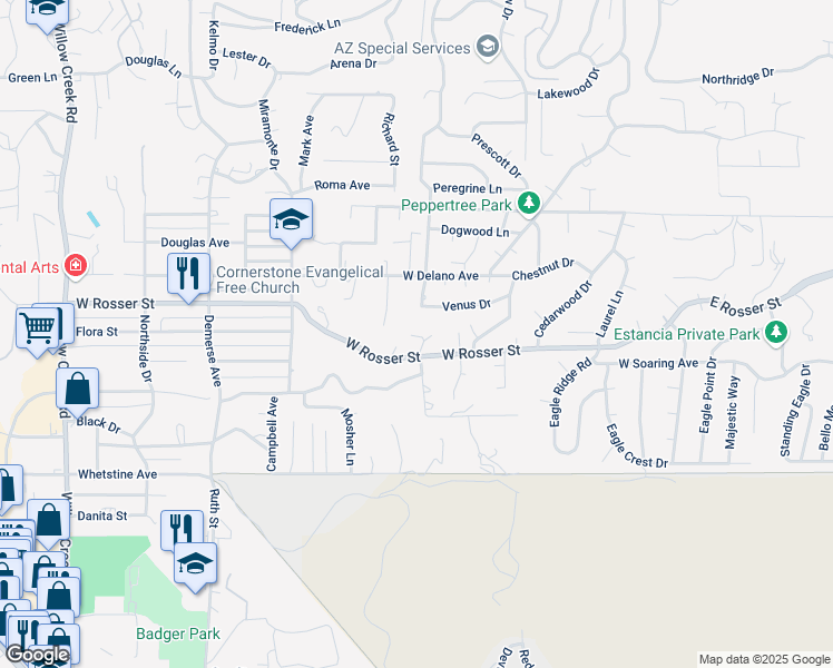 map of restaurants, bars, coffee shops, grocery stores, and more near 1450 Terrace View Drive in Prescott