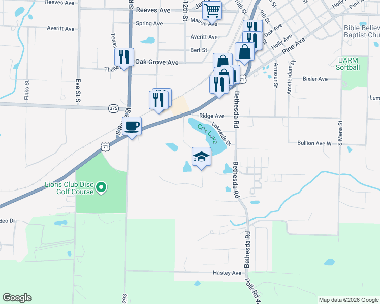 map of restaurants, bars, coffee shops, grocery stores, and more near 1904 Cordie Drive in Mena