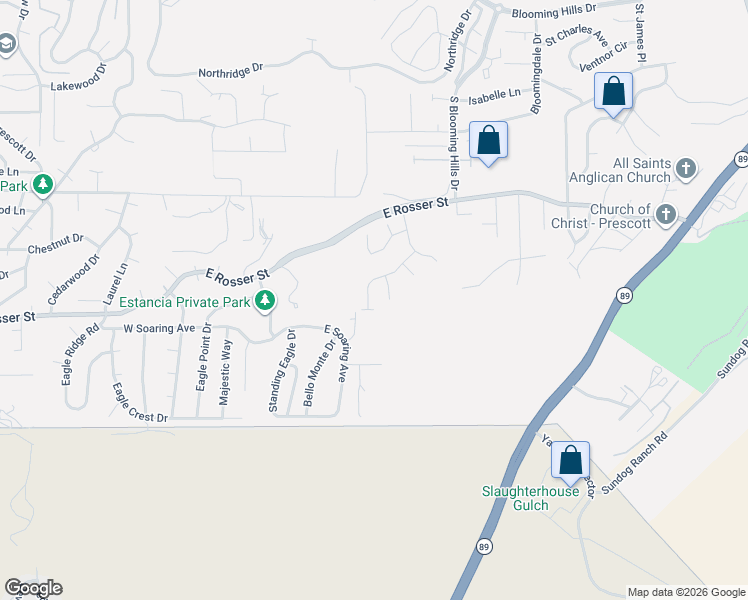 map of restaurants, bars, coffee shops, grocery stores, and more near 334 Breezy Road in Prescott