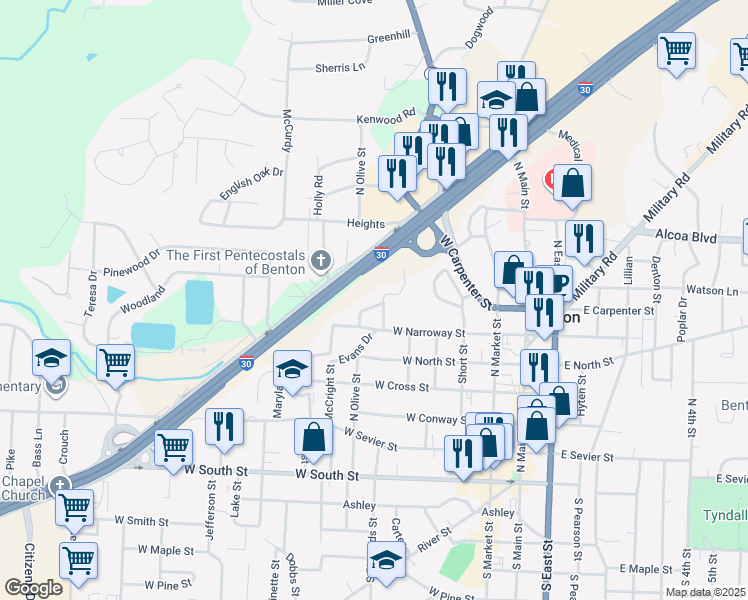 map of restaurants, bars, coffee shops, grocery stores, and more near 628 Dyer Circle in Benton