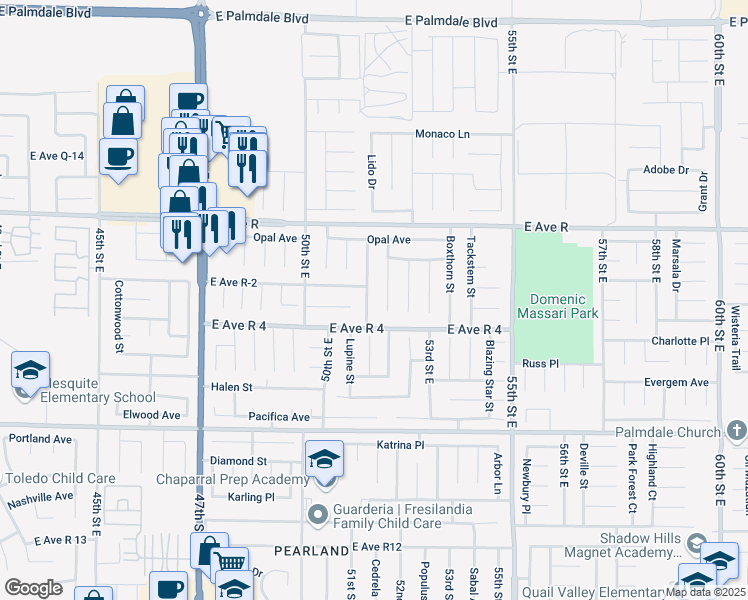 map of restaurants, bars, coffee shops, grocery stores, and more near 37850 Smoke Tree Street in Palmdale