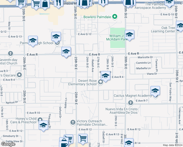 map of restaurants, bars, coffee shops, grocery stores, and more near 37817 Rudall Avenue in Palmdale