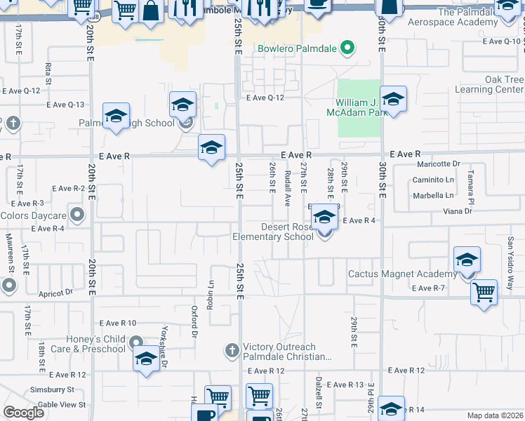 map of restaurants, bars, coffee shops, grocery stores, and more near 2534 East Avenue R-3 in Palmdale