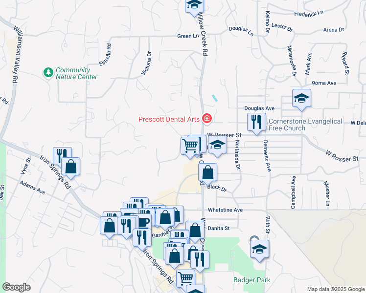 map of restaurants, bars, coffee shops, grocery stores, and more near 1665 Granite Springs Drive in Prescott