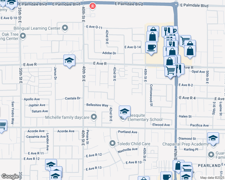 map of restaurants, bars, coffee shops, grocery stores, and more near 37823 42nd Street East in Palmdale