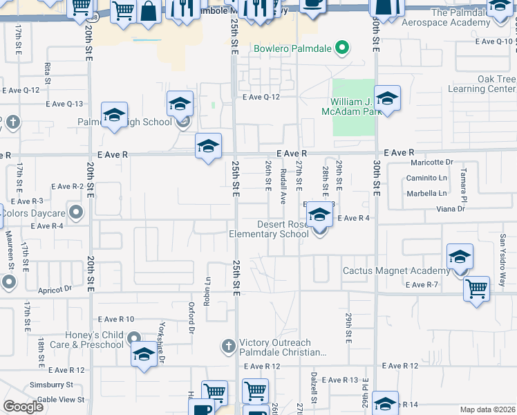 map of restaurants, bars, coffee shops, grocery stores, and more near 2534 East Avenue R-3 in Palmdale