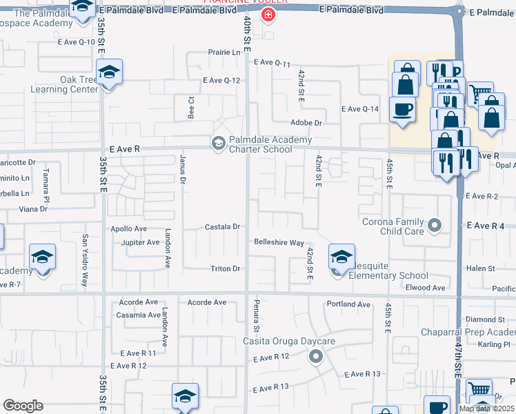 map of restaurants, bars, coffee shops, grocery stores, and more near 37836 Nova Avenue in Palmdale