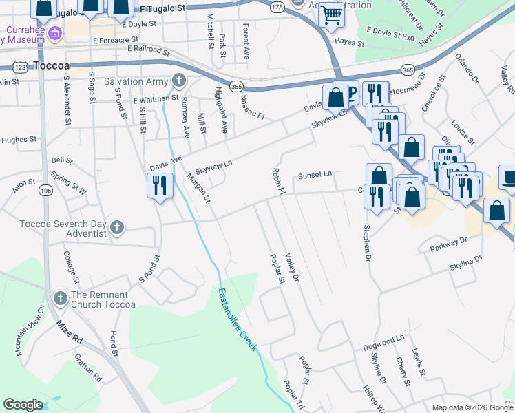 map of restaurants, bars, coffee shops, grocery stores, and more near 393 Collins Road in Toccoa