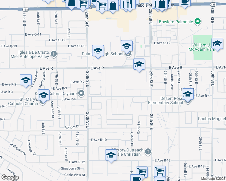 map of restaurants, bars, coffee shops, grocery stores, and more near 37826 Cardiff Street in Palmdale