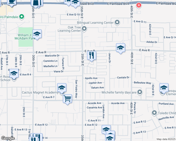 map of restaurants, bars, coffee shops, grocery stores, and more near in Palmdale
