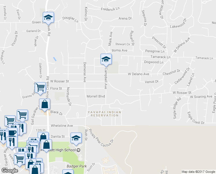 map of restaurants, bars, coffee shops, grocery stores, and more near 560 West Rosser Street in Prescott