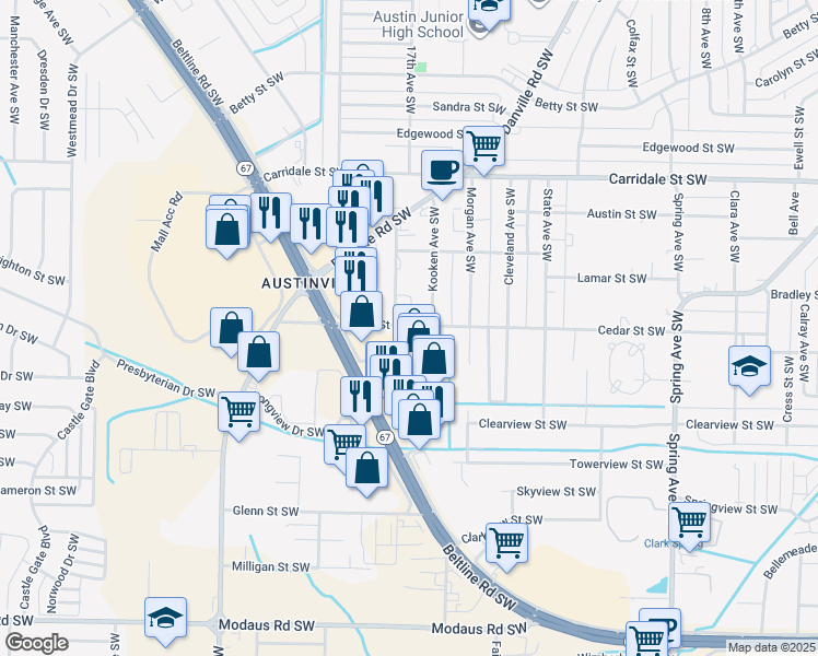 map of restaurants, bars, coffee shops, grocery stores, and more near 1511 Cedar Street Southwest in Decatur