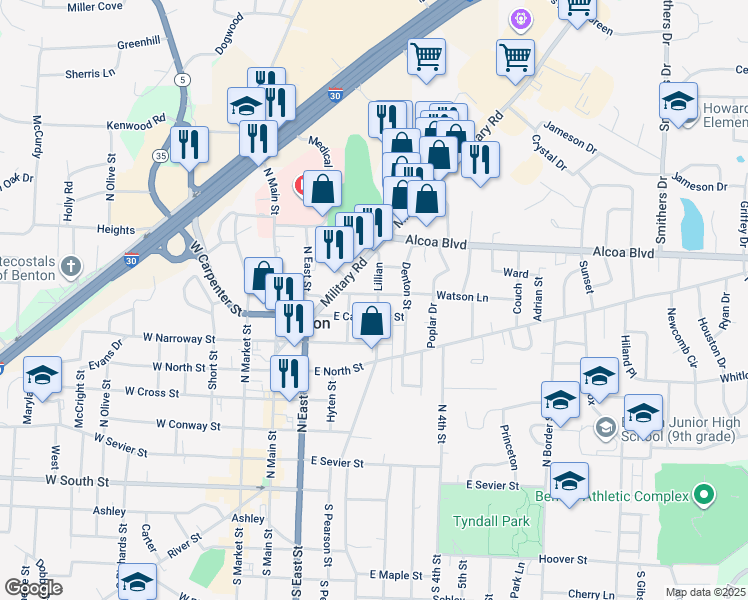map of restaurants, bars, coffee shops, grocery stores, and more near 712 Lillian in Benton