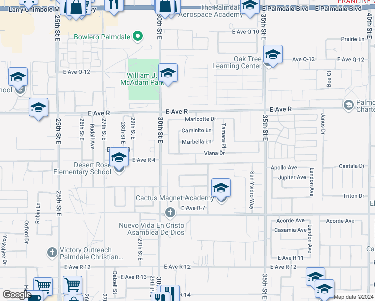 map of restaurants, bars, coffee shops, grocery stores, and more near 3057 Viana Drive in Palmdale