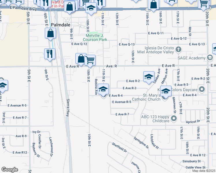 map of restaurants, bars, coffee shops, grocery stores, and more near 37846 Palm Vista Avenue in Palmdale