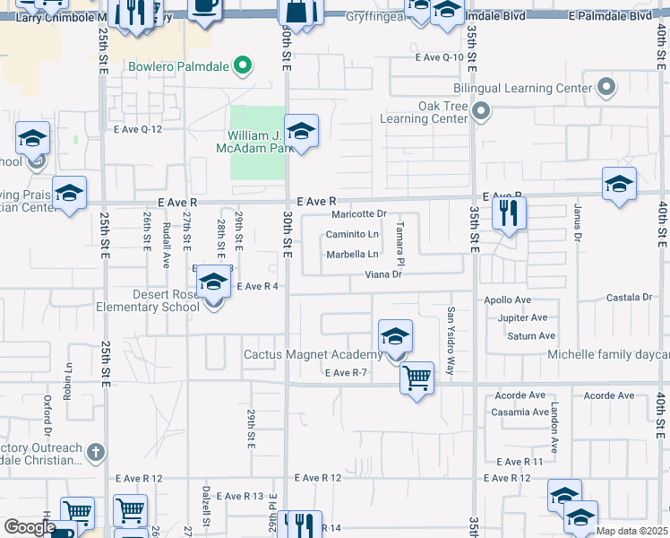map of restaurants, bars, coffee shops, grocery stores, and more near 3057 Viana Drive in Palmdale