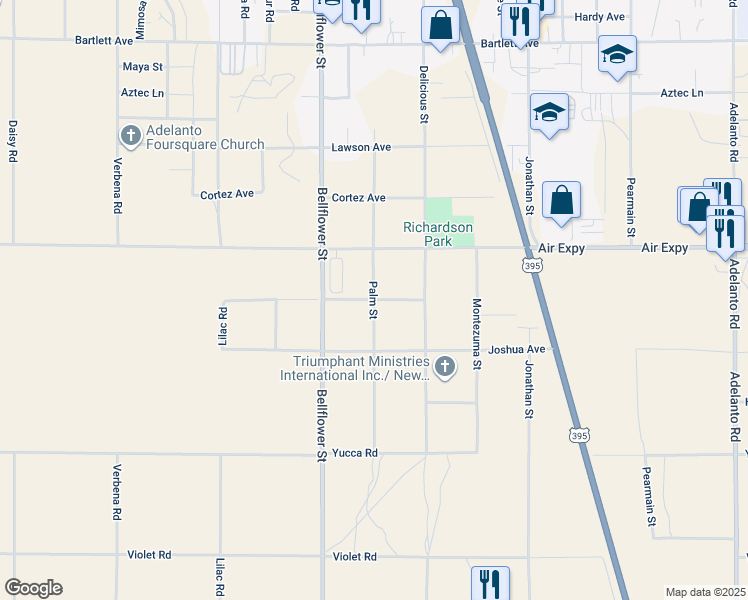 map of restaurants, bars, coffee shops, grocery stores, and more near Palm Street in Adelanto