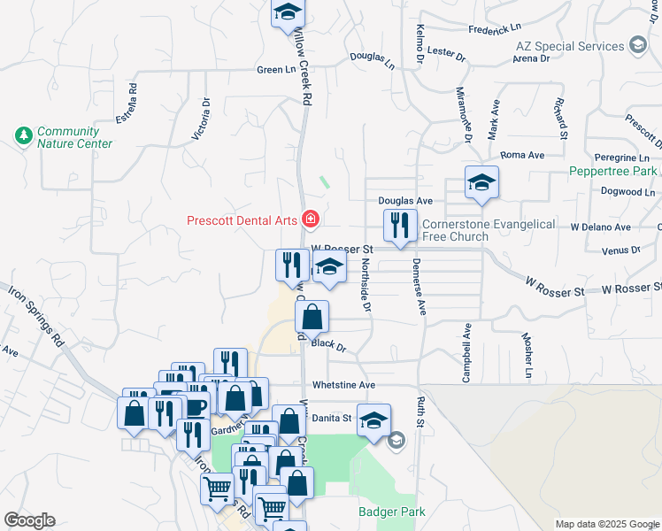 map of restaurants, bars, coffee shops, grocery stores, and more near 821 West Rosser Street in Prescott