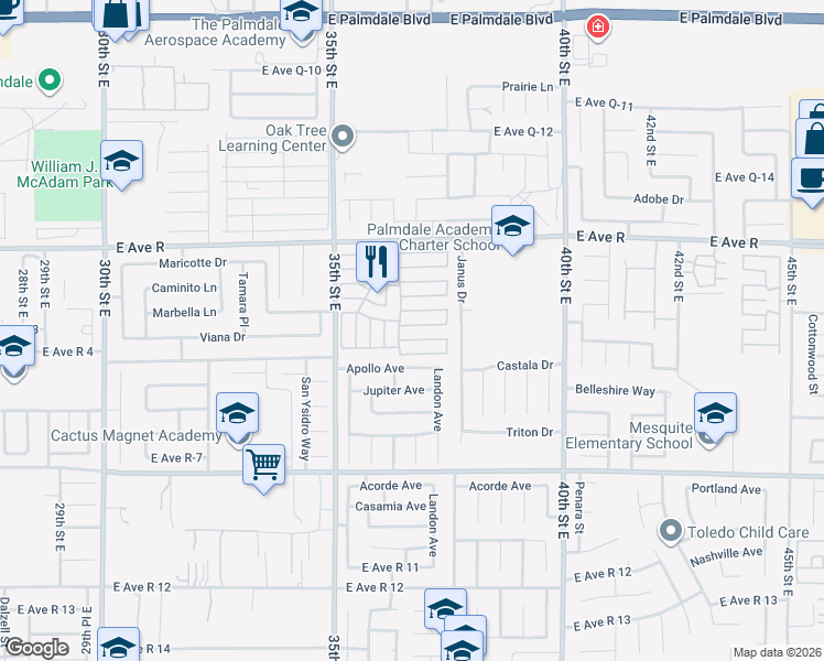 map of restaurants, bars, coffee shops, grocery stores, and more near 3524 East Avenue Road in Palmdale